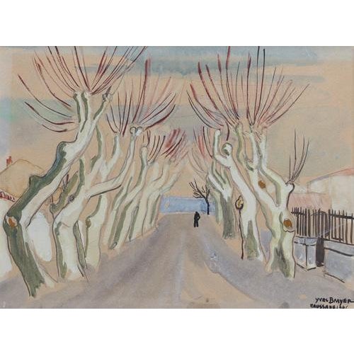 Row of plane trees in winter - maussane-les-alpilles', provence, watercolour and pencil on art paper, by yves brayer...