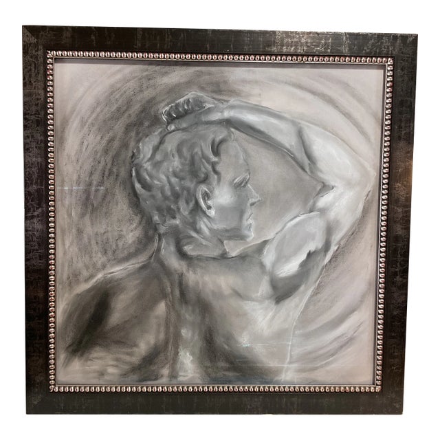 Late 20th Century Figural Male Framed Charcoal Drawing For Sale