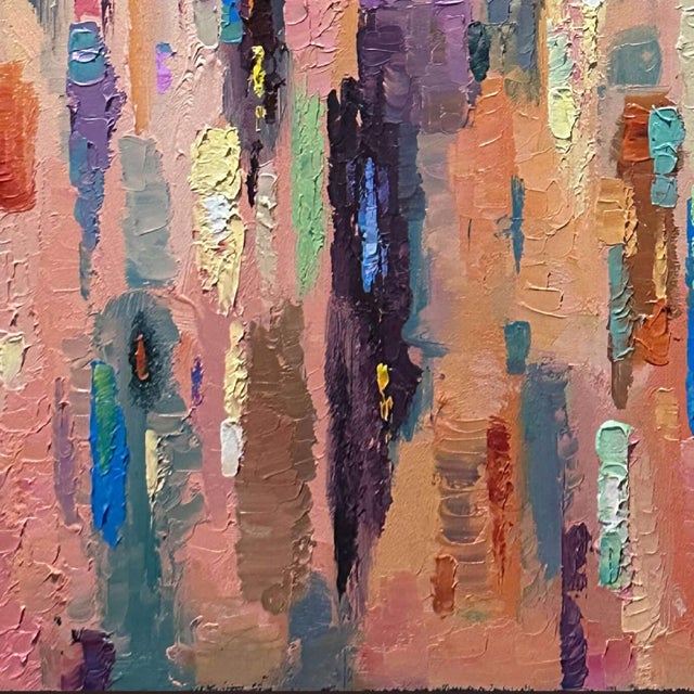 Patchwork Horizon 4 by Dominic Harman | Oil On Canvas Abstract landscape with colorful reflections. For Sale - Image 4 of 5