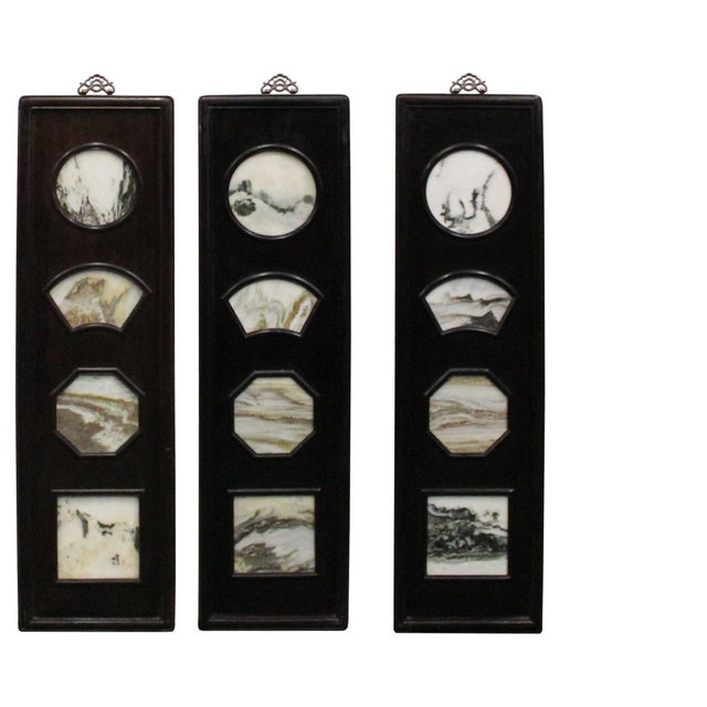 This stunning set of four wooden panels features inset natural marble inserts with picturesque, ink-like patterns...