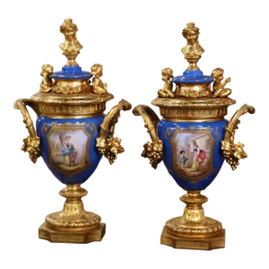 Pair of 19th Century French Blue Porcelain and Gilt Bronze Sèvres Urns Vases