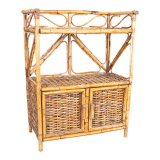 Vintage Bamboo & Rattan Bookcase Etagere With Cabinets For Sale