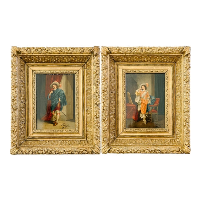 19th Century Italian Cavalier Portrait Oil Paintings in Ornate Giltwood Frames, 1850 & Signed - A Pair For Sale