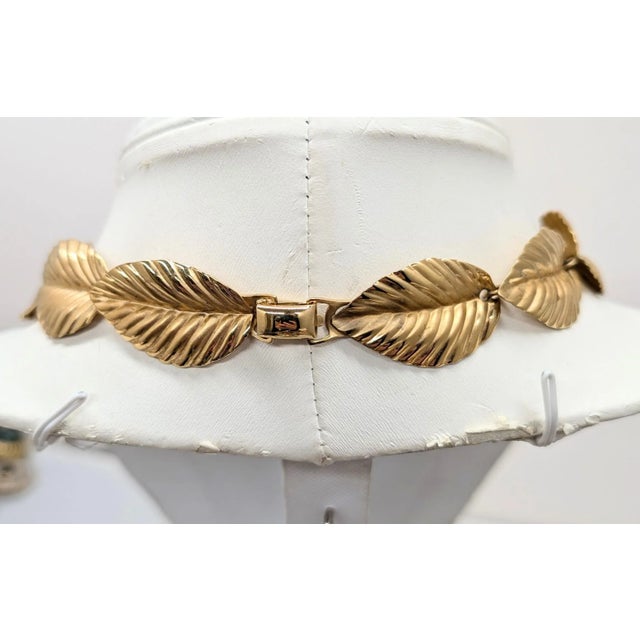 Napier Vintage 1982 Signed Napier Goldtone Textured Leaves Collar Necklace For Sale - Image 4 of 8