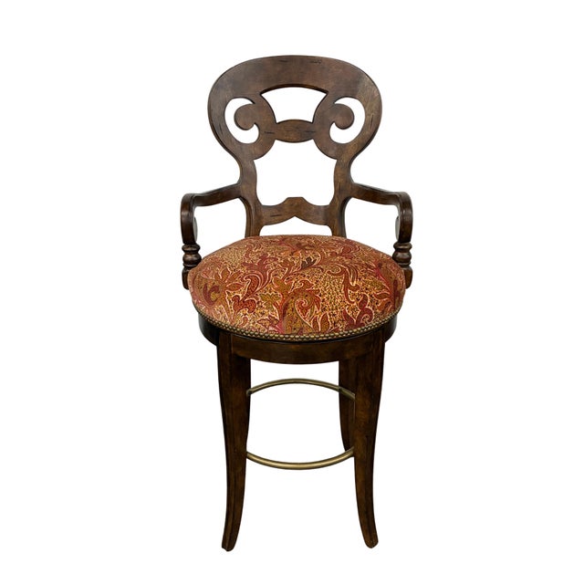 English Pair of Century Furniture Carved Wood Swivel Bar Stools With Paisley Upholstery For Sale - Image 3 of 8