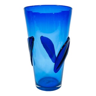 Large Blue Blenko Glass Leaf Vase For Sale