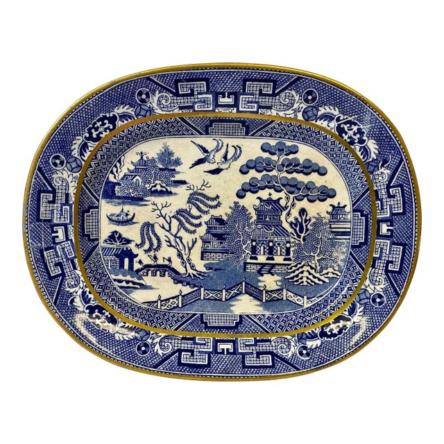 Antique Oval Gold Rimmed Blue Willow Side Dish /Vegetable Serving Platter From England - Circa 1850 For Sale