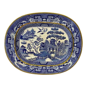 Antique Oval Gold Rimmed Blue Willow Side Dish /Vegetable Serving Platter From England - Circa 1850