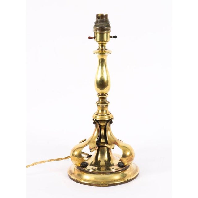 This is an elegant antique French Art Nouveau ormolu columnar table lamp with shade, late 19th Century in date. The table...