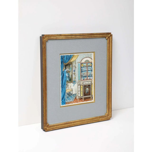 Small watercolor of French interior scene “Lady’s Parlor” by David Connell, matted in giltwood frame.