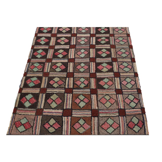 Traditional Antique Hooked Rug With Brown, Red and Blue Geometric Patterns, From Rug & Kilim For Sale - Image 3 of 7