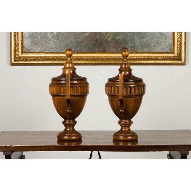 Pair of Midcentury English Carved Walnut Lidded Urns with Large Handles For Sale - Image 10 of 11