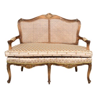 Louis XV Style Hand-Carved Cane Settee Upholstered, 1980s, Italy For Sale