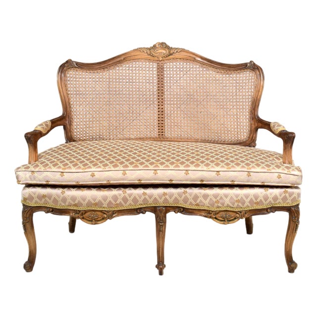 Louis XV Style Hand-Carved Cane Settee Upholstered, 1980s, Italy For Sale