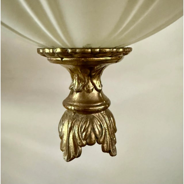 Mid 20th Century Vintage Hollywood Regency White Ribbed Glass Pendant Light With Brass-Finish Accents For Sale - Image 5 of 10