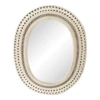 Vintage White Wicker Oval Mirror For Sale