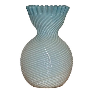 Early 20th Century Swirled Ribbed & Crimped Glass Baby Blue to White Ombre Vase For Sale