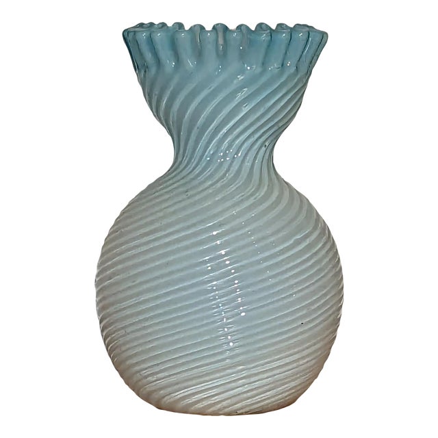 Early 20th Century Swirled Ribbed & Crimped Glass Baby Blue to White Ombre Vase For Sale