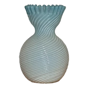 Early 20th Century Swirled Ribbed & Crimped Glass Baby Blue to White Ombre Vase