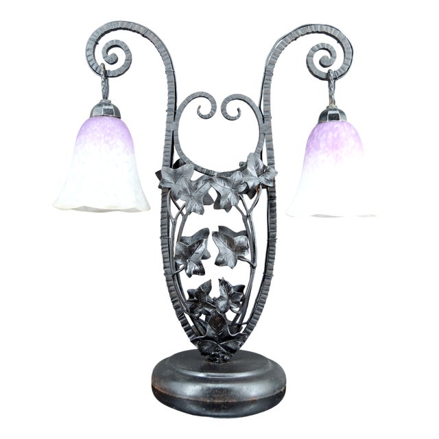 Art Deco Bicéphalous Wrought Iron Lamp from Schneider, France, 1920s For Sale