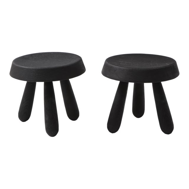 Petite Pair of Burnt Oak Tripod Stools by Douglas Mont for Facto Atelier Paris For Sale