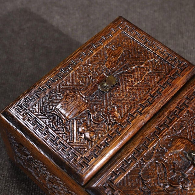 Wood Vintage Chinese Huali Rosewood Carved "Antiques" Triple-Lidded Box Set For Sale - Image 7 of 10