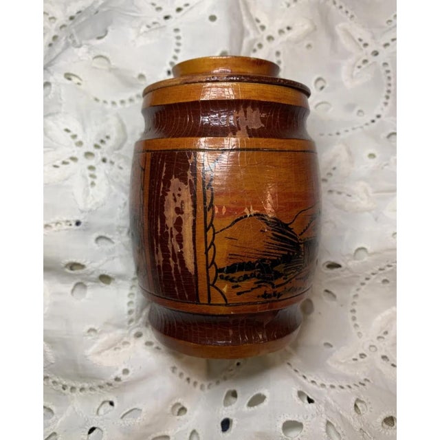 Vintage Barrel Shaped Trinket Box Hand Turned And Painted Mountain Scene Signed In nice vintage condition, with some...