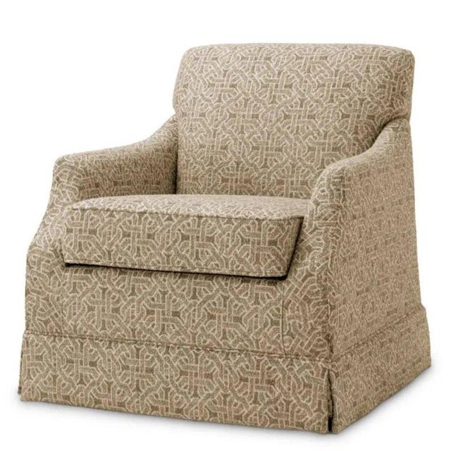 Pair of contemporary beige swivel armchair upholstered in Frieze jacquard, with a generous rounded silhouette and softly...