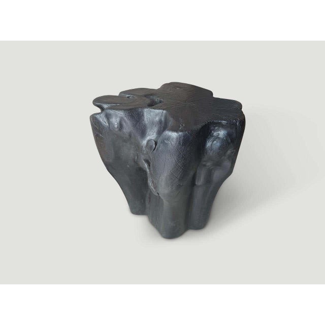 "Beautiful organic reclaimed teak wood side table or pedestal. A graduation from the bottom to the top. Charred, sanded...