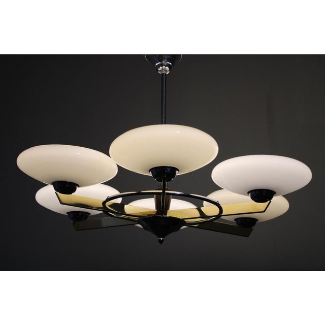 Art Deco Six-Light Chandelier in Brass and Opaline Glass, 1940s For Sale - Image 10 of 11