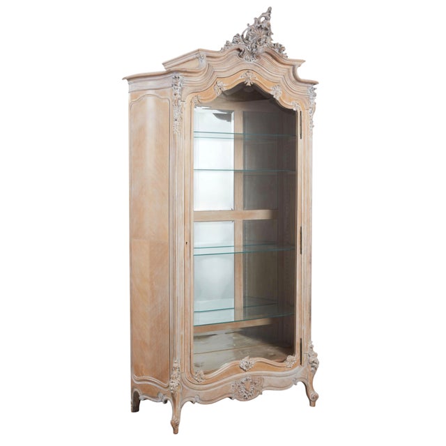 French Antique Louis XV Style Limed Oak Vitrine Showcase Display Cabinet For Sale - Image 3 of 3