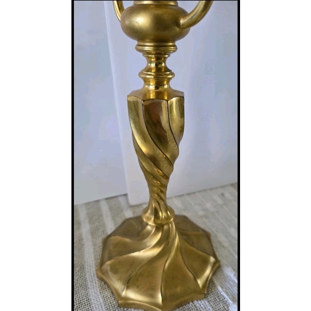 Two Vintage 3 Light Brass Metal churchAltar Candelabra Candlesticks 18" Decor For Sale - Image 10 of 12
