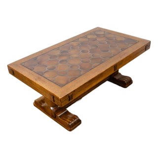 Mid Century Modern Coffee Table Oak Tile Large Brutalist Rolling Rustic For Sale
