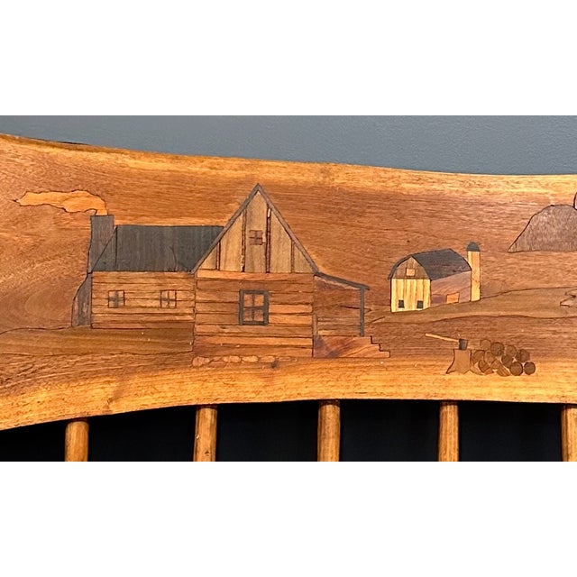 Rustic 1970s Outsider Artist Country Solid Slab Bench With Marquetry Barn Scene For Sale - Image 3 of 11