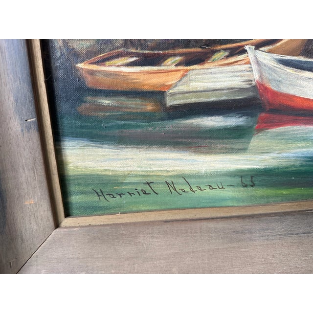 1960s Vintage 1965 Framed Painting of Dinghys and Sailboat at the Lobster-Mans Shack in the Harbor For Sale - Image 5 of 13
