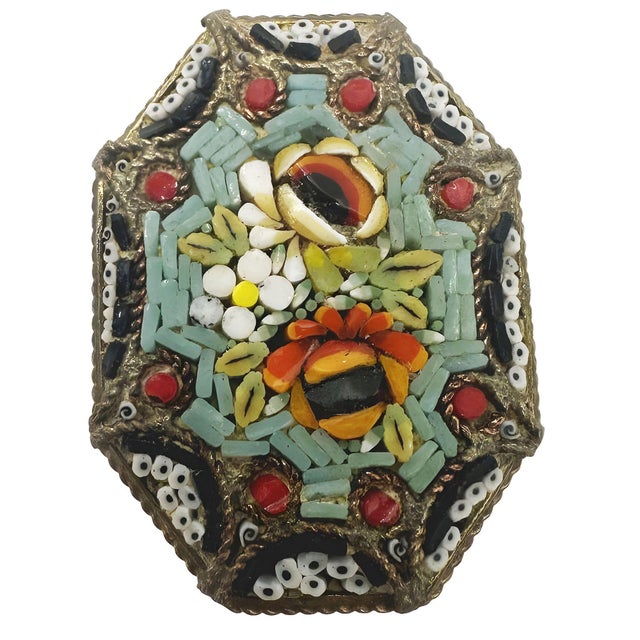 Hand-crafted Italian micro mosaic brooch featuring a floral motif, crafted with shell inlay stones including jade stones...