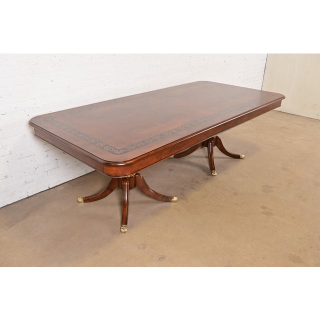 Baker Furniture Style Italian Regency Inlaid Banded Burl Wood Double Pedestal Dining Table, Newly Restored For Sale - Image 10 of 10