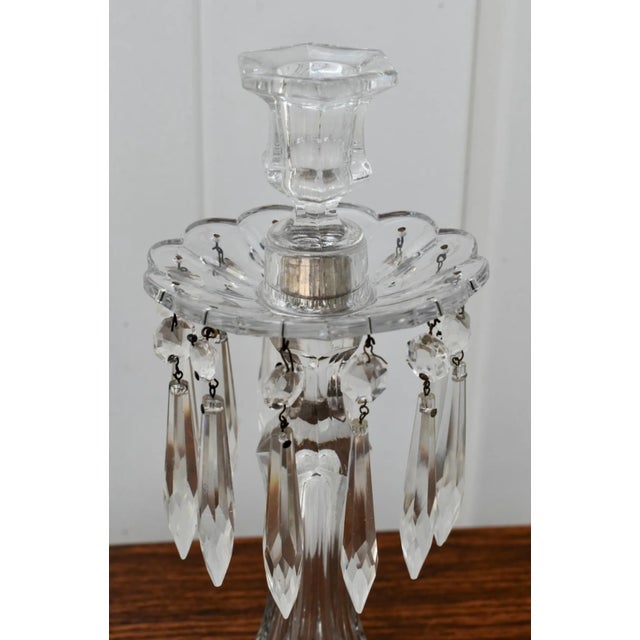1970s Vintage Art Nouveau Style Pair of Crystal Candlesticks W/Hanging Prisms For Sale - Image 5 of 8