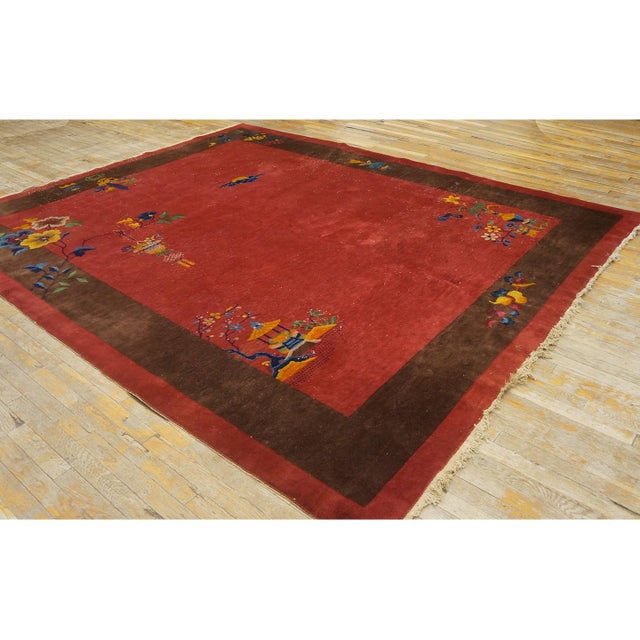 1920s Red Burgundy Floral Open Field Antique Chinese Art Deco Wool Rug 8' X 9'9" For Sale - Image 4 of 9