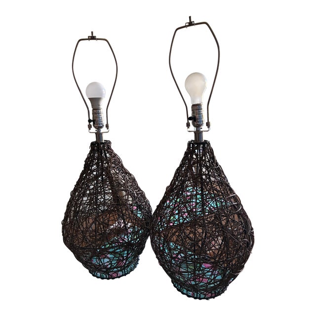 2 Mid 20th Century Pear Shaped Wicker Lamps For Sale