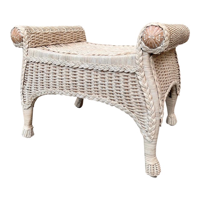 Late 20th Century Coastal Style Rattan Vanity Bench. For Sale