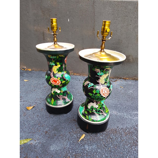 Metal Pair of Vintage Chinese Cloisonné Vase Lamps For Sale - Image 7 of 9