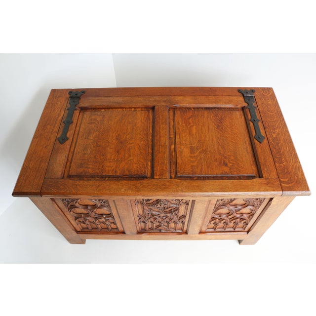 Black Antique 19th Century French Gothic Revival Blanket Chest in Carved Oak and Forged Iron, 1880 For Sale - Image 8 of 14
