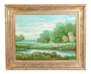 Large "Green Meadow" Giltwood Framed Oil / Canvas Painting
