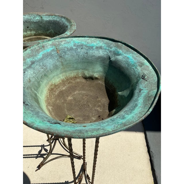 Vintage Patinated Twisted Wrought Iron and Copper Plant Stands For Sale - Image 9 of 12
