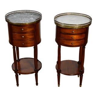 1900 Pair Antique French Mahogany & Marble Top Nightstands / Bedside Tables For Sale