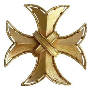 Crown Trifari Maltese Cross Brooch Textured Gold Tone Pin Maximalist Statement Jewelry 1980s Vintage