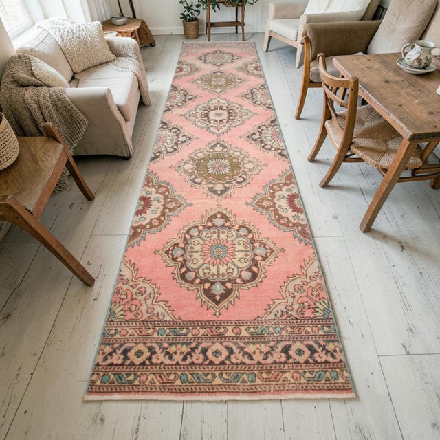 Hand-Knotted Oushak Runner Rug Faded Pink Low Pile Hallway Decor Kitchen Rug- 3'2″x 12'4″ For Sale - Image 6 of 14