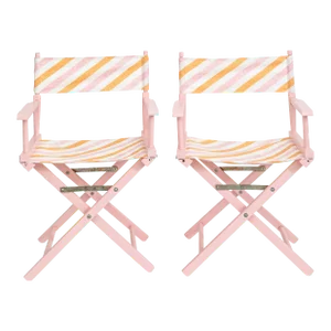 Set of Pink Director's Chairs With Palm Orleans Cabana Stripe Ribbon in Spritz Fabric