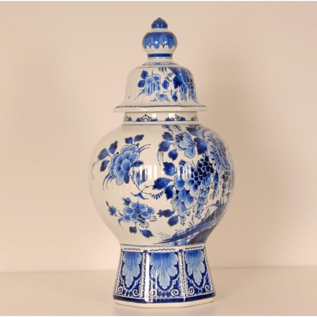 Royal Delft Blue and White Baluster Vase Chinoiserie Flowers Birds Octagonal Base For Sale - Image 6 of 13